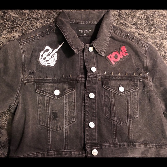 Spike studs punk rocker black denim jacket - Picture 1 of 2